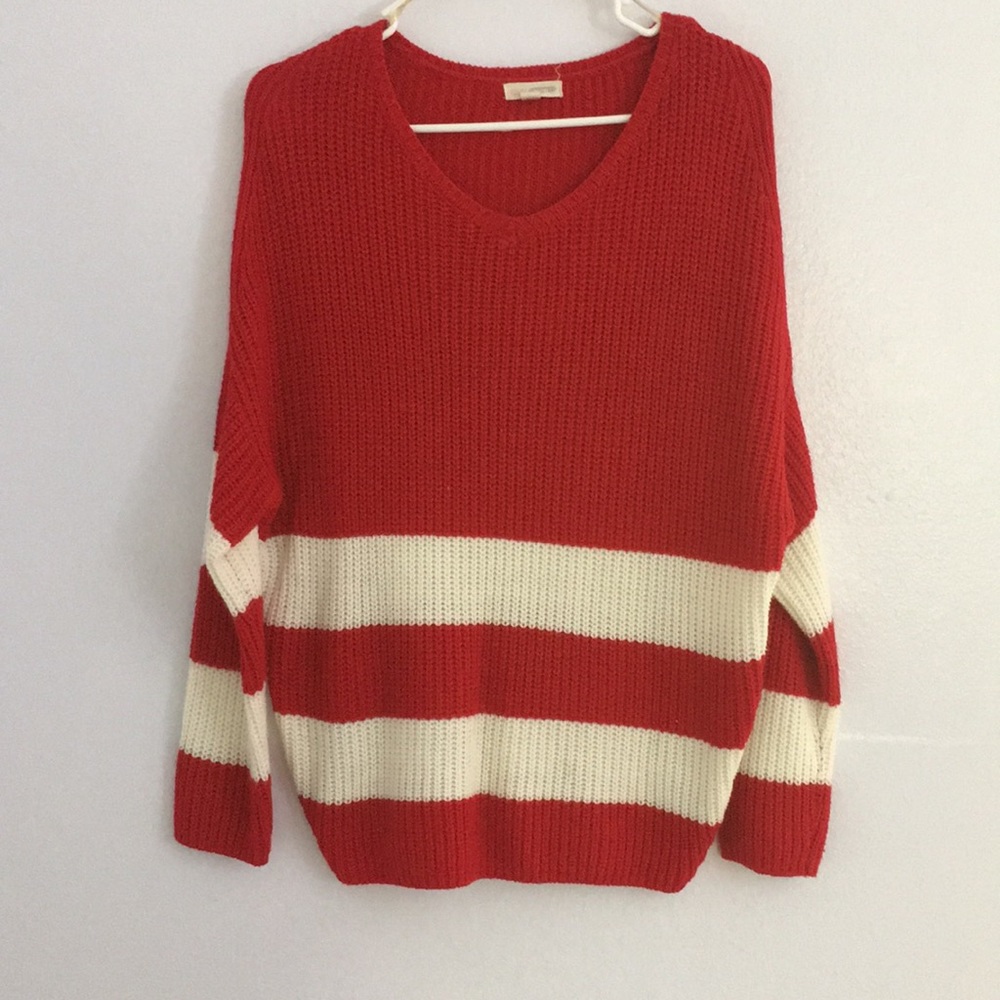 Red and White Striped V-Neck Knitted Sweater